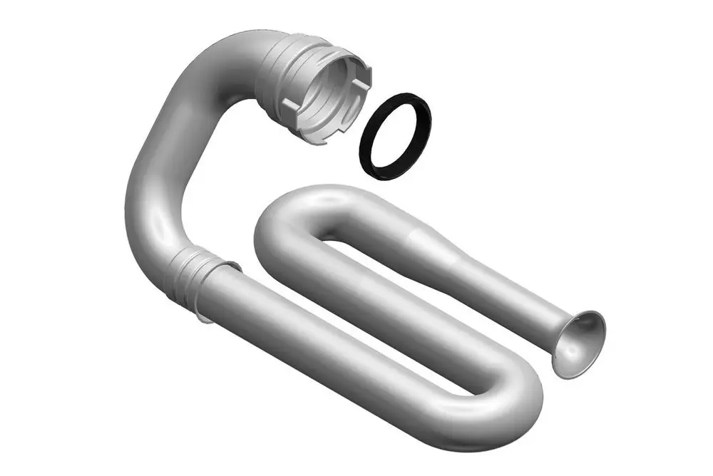 Bosch Gebläseansaugrohr, bestehend aus mehreren Rohrteilen in einer geschwungenen Form, sowie einem schwarzen Dichtungsring.
